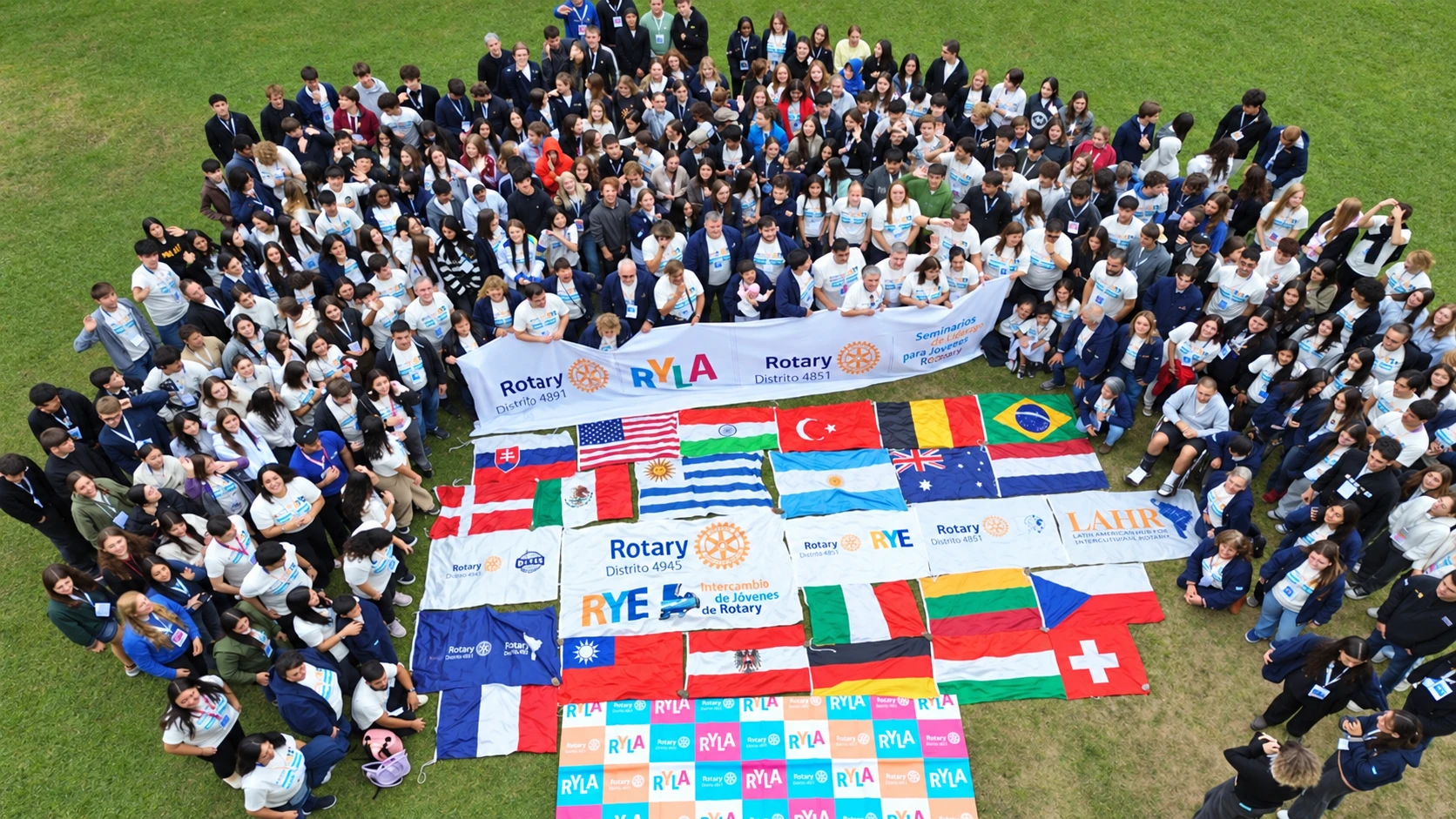 Jóvenes y comunidad rotaria reunidos alrededor de banderas de distintos países